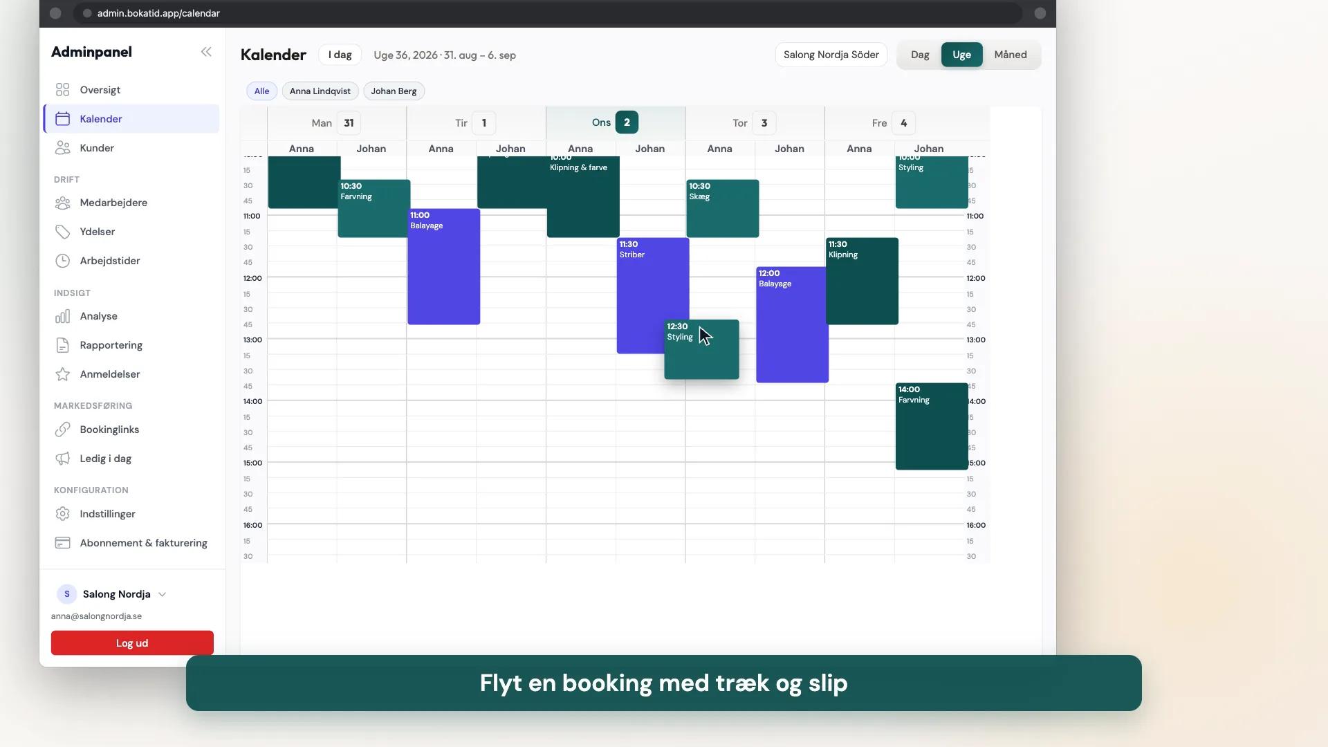 Bokatid-adminkalender, der viser en hel uges bookinger for et team af medarbejdere