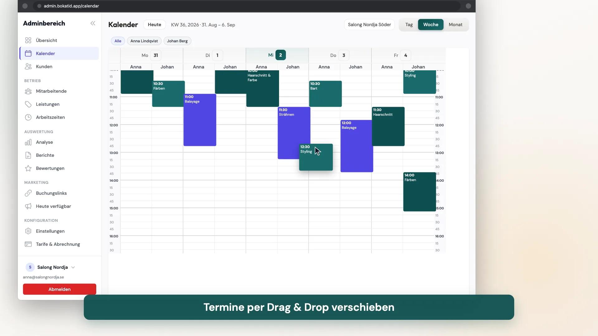 Bokatid-Admin-Kalender mit einer vollen Woche an Buchungen für ein Team von Mitarbeitern