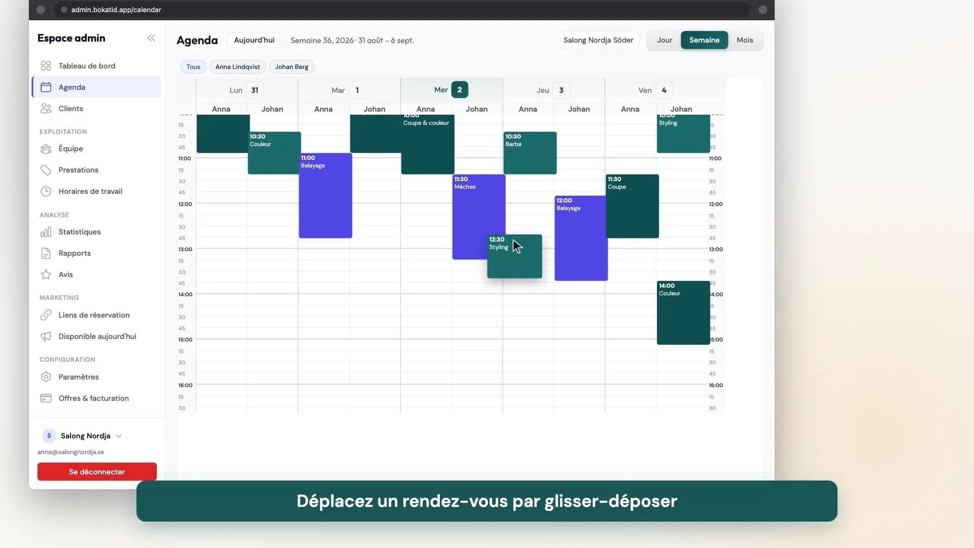 Calendrier d'administration Bokatid affichant une semaine complète de réservations pour une équipe de collaborateurs